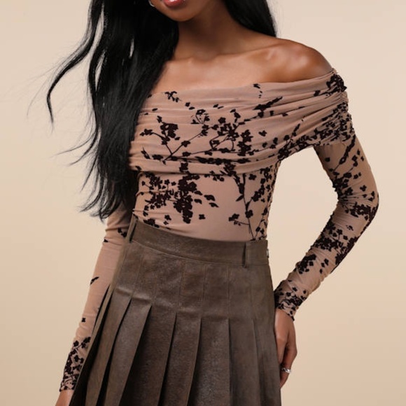Lulus Superb Chicness Tan Sheer Mesh Burnout Top Brown - Size L - Picture 1 of 4